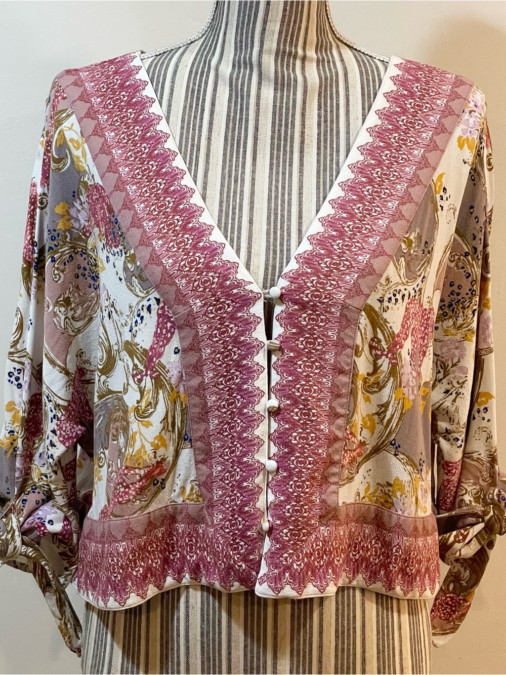 Free People Pink Border Floral V-Neck Button Front Blouse